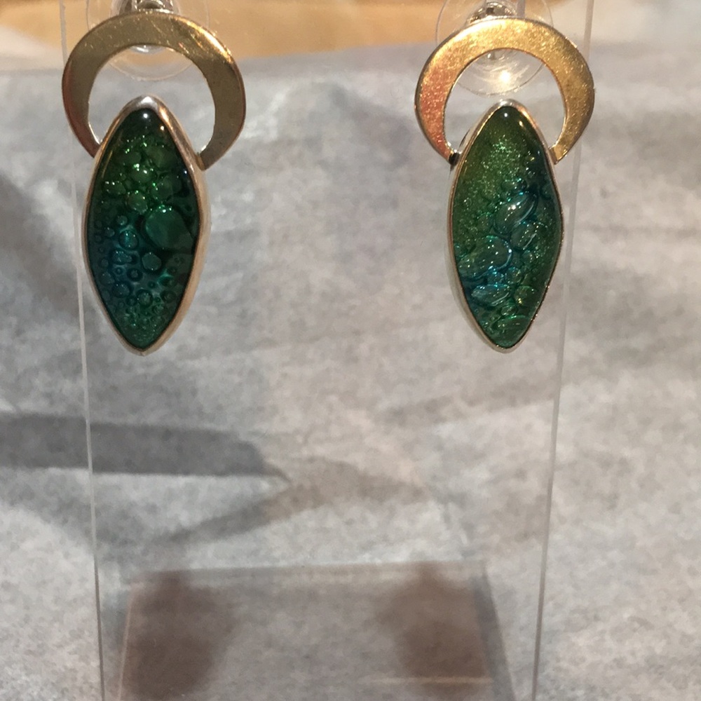 Gold Drop Earrings with Green Marquise Resin Inlay